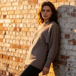 Simply Vera Vera Wang Diagonal Ribbed Sweater Braided Sleeve Brown Sz XS